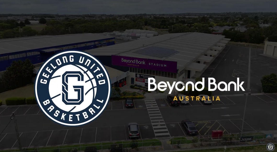 Aerial view of Beyond Bank Stadium with the Geelong United Basketball and Beyond Bank Australia logos