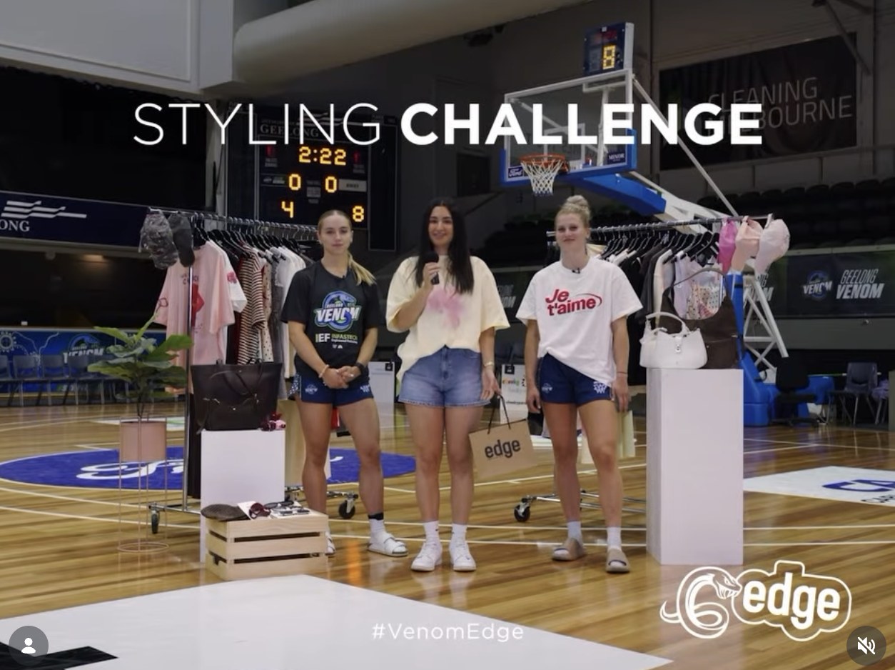 Edge Clothing styling challenge activation on court with Geelong Venom players